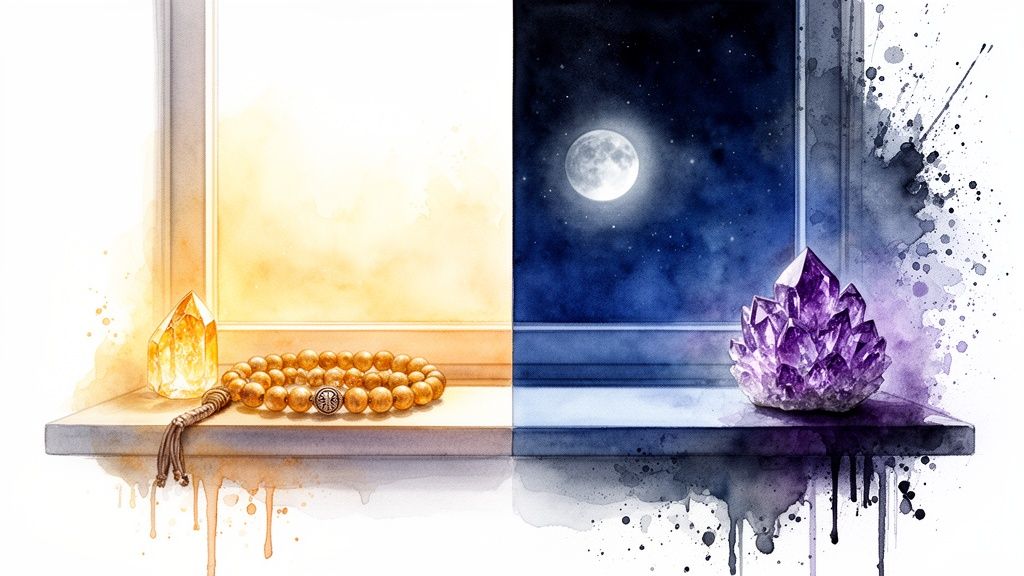 A vibrant watercolor split image of a windowsill with a sunlit citrine and mala beads on the left, and a moonlit amethyst on the right.