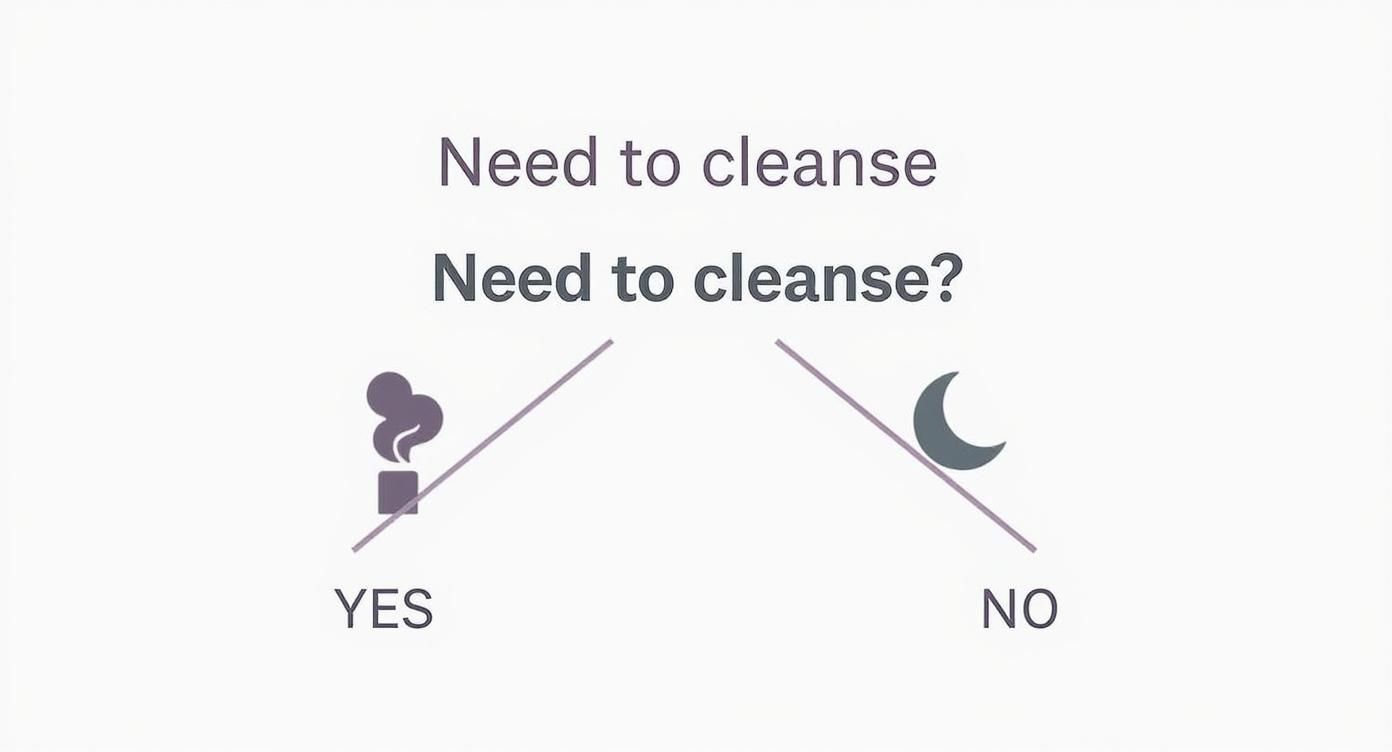Decision diagram: 'Need to cleanse?' Chimney icon leads to 'YES', moon icon to 'NO'.