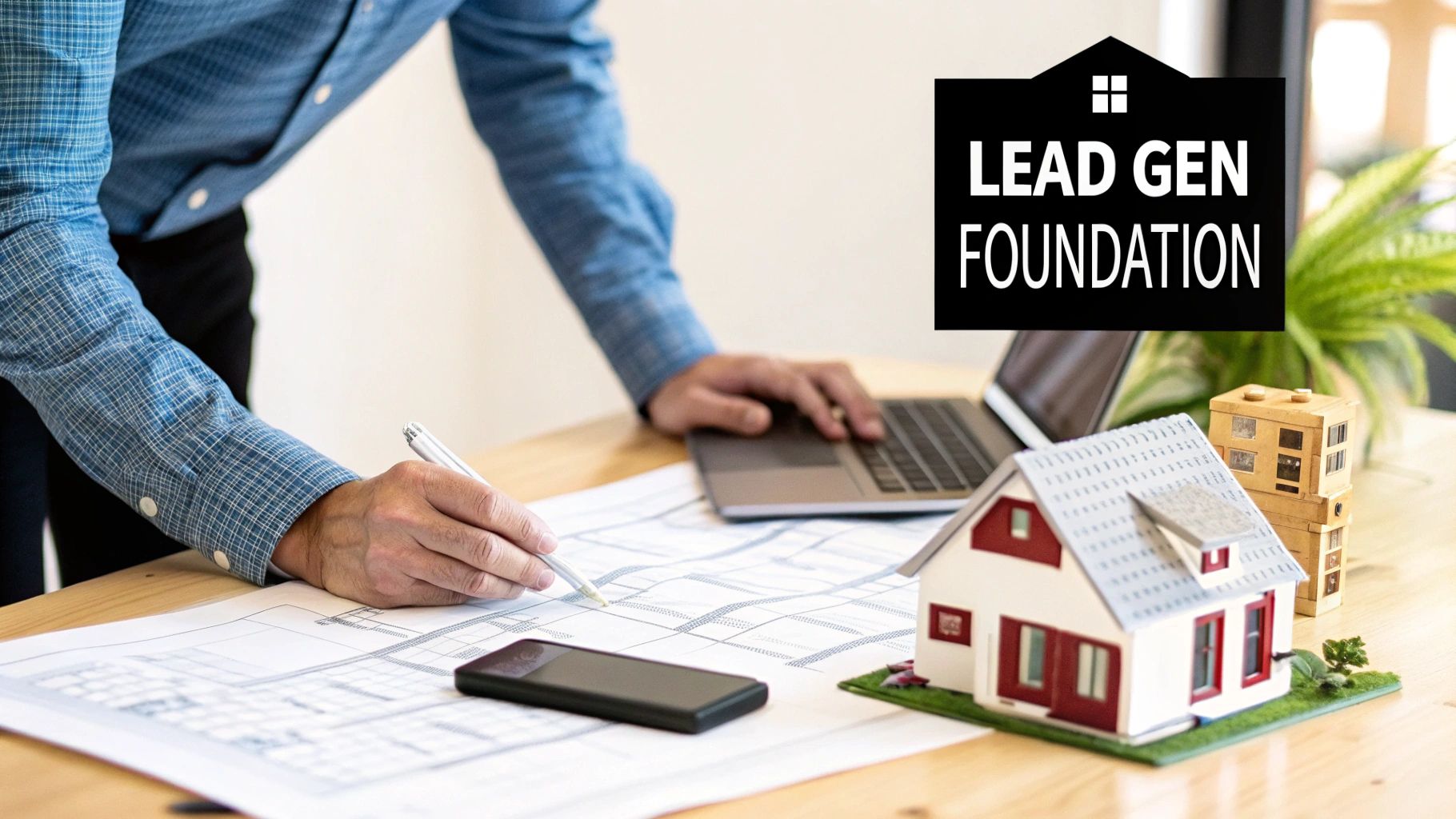 A professional working on real estate blueprints and laptop, with model houses and 'Lead Gen Foundation' logo.
