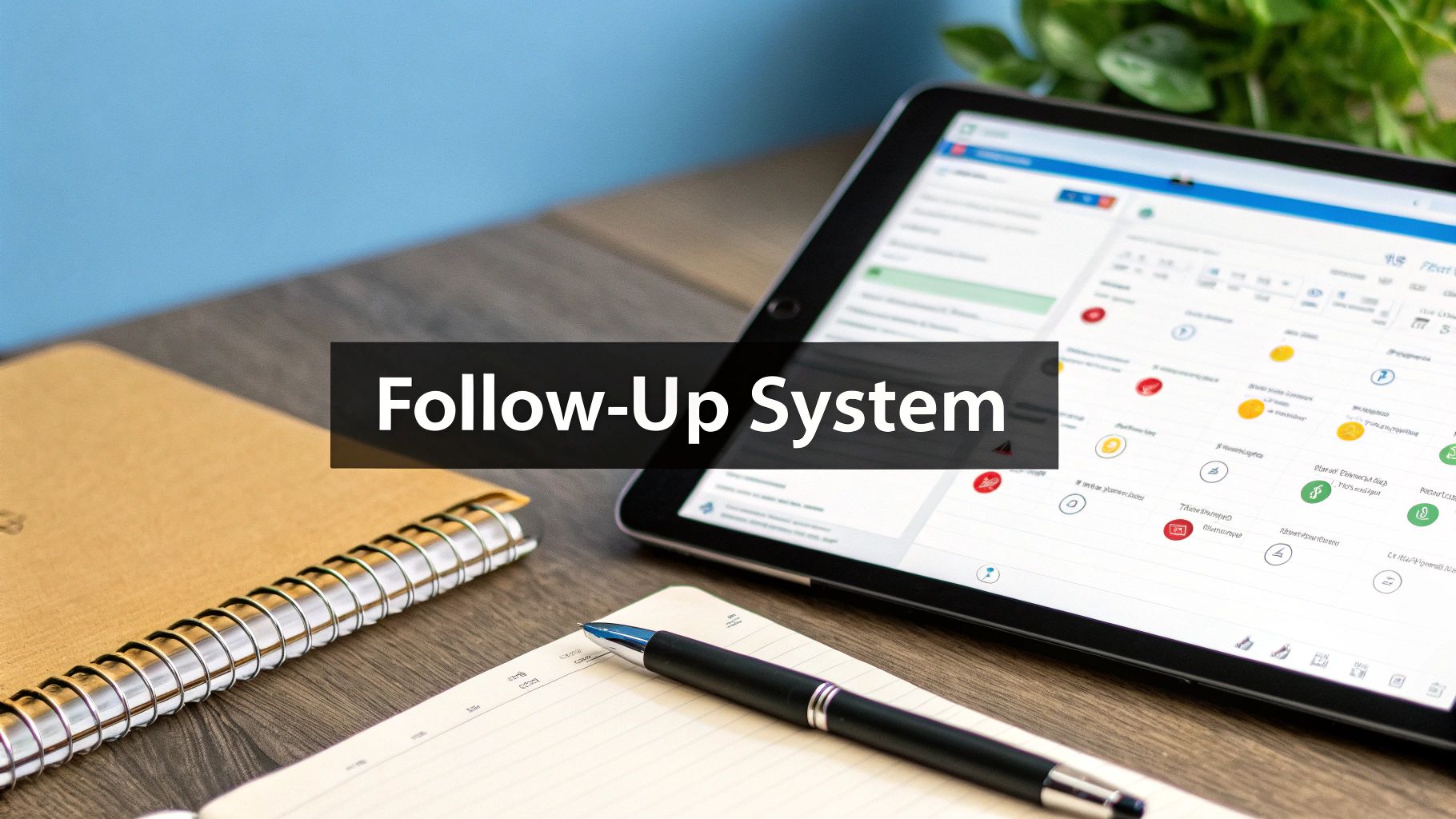 A desk setup with a 'Follow-Up System' text overlay, showing a tablet, notebook, and pen.
