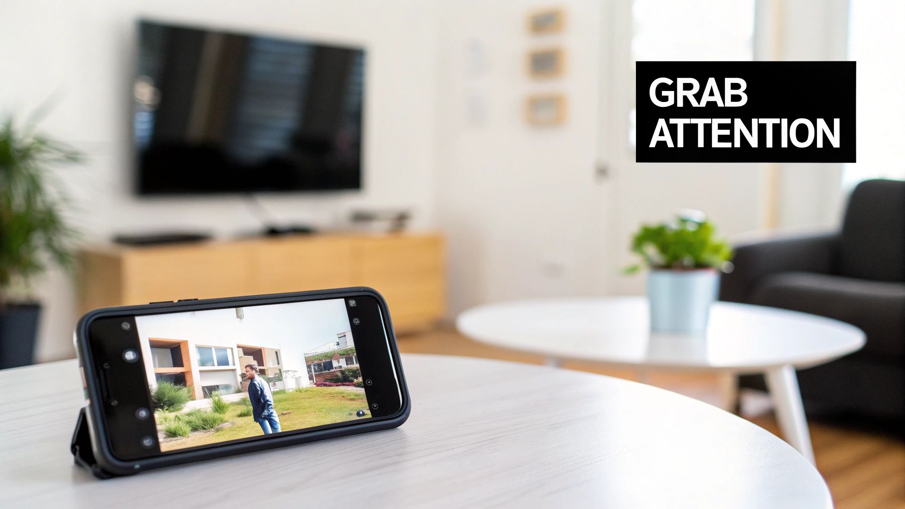 A smartphone on a table displays a video of a man standing outside a modern house, in a living room.