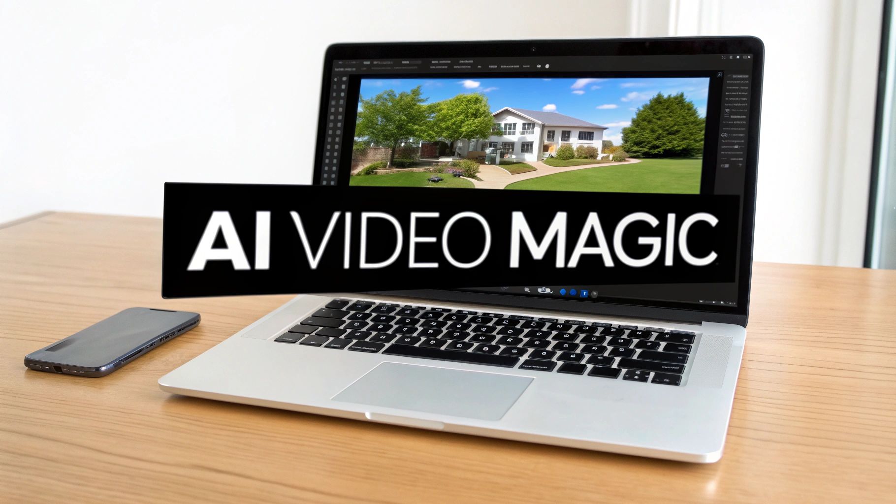 A laptop on a wooden desk displays a house image, with a 'AI VIDEO MAGIC' banner overlay.
