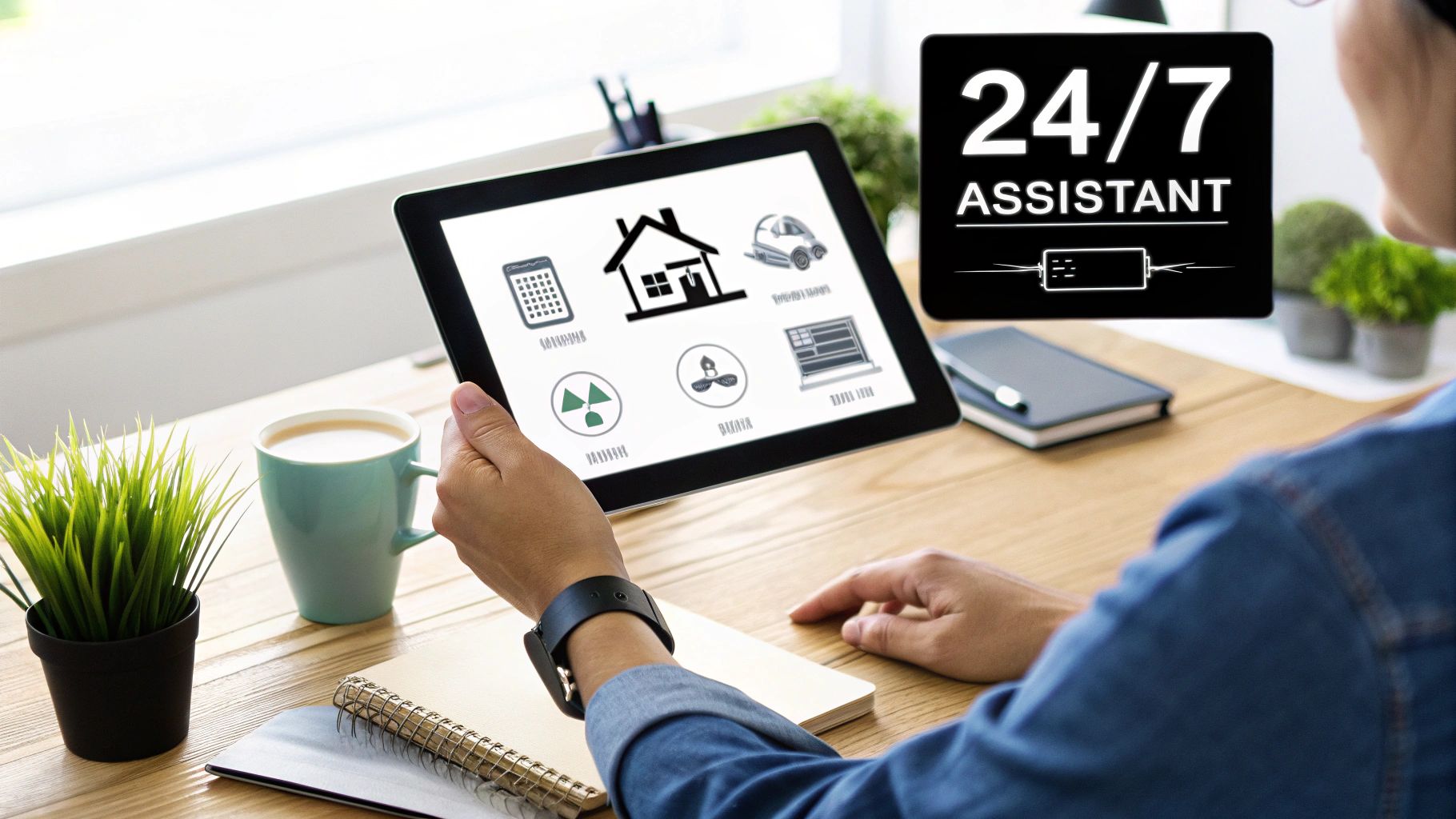 A person views smart home controls on a tablet, with a '24/7 Assistant' graphic.