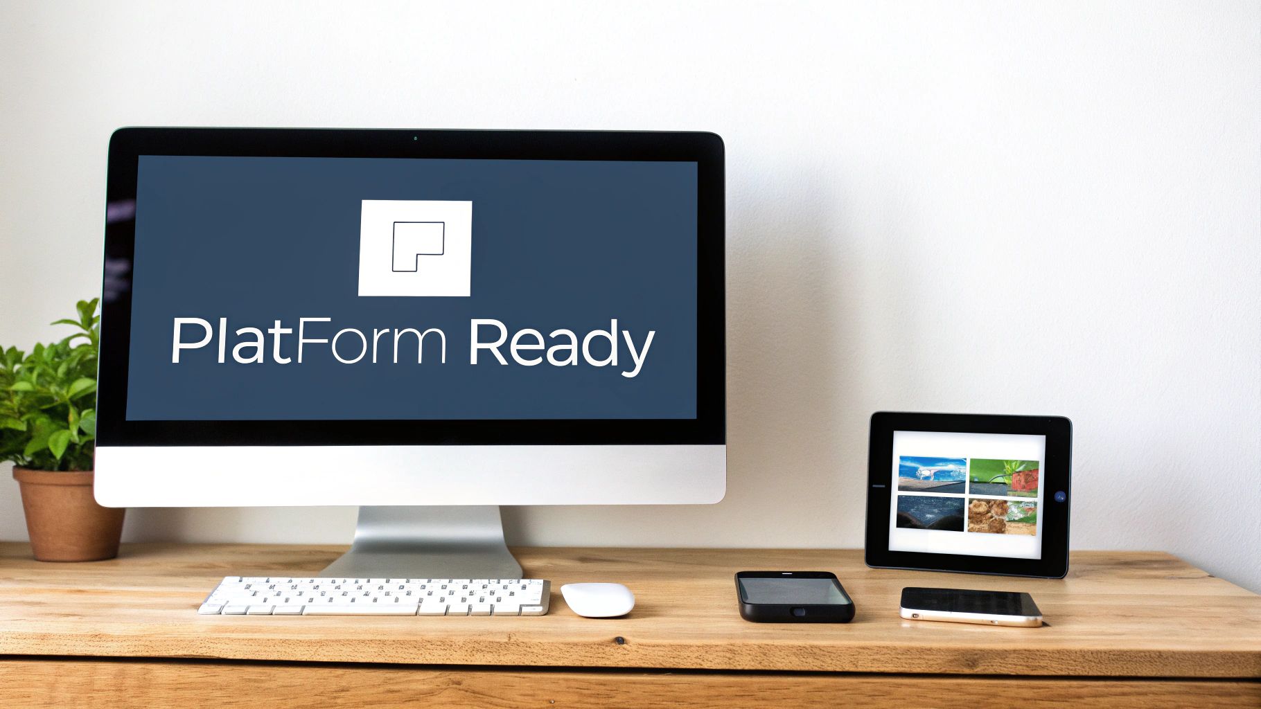 A modern desk setup featuring a desktop computer displaying 'Platform Ready', a tablet, and two smartphones.