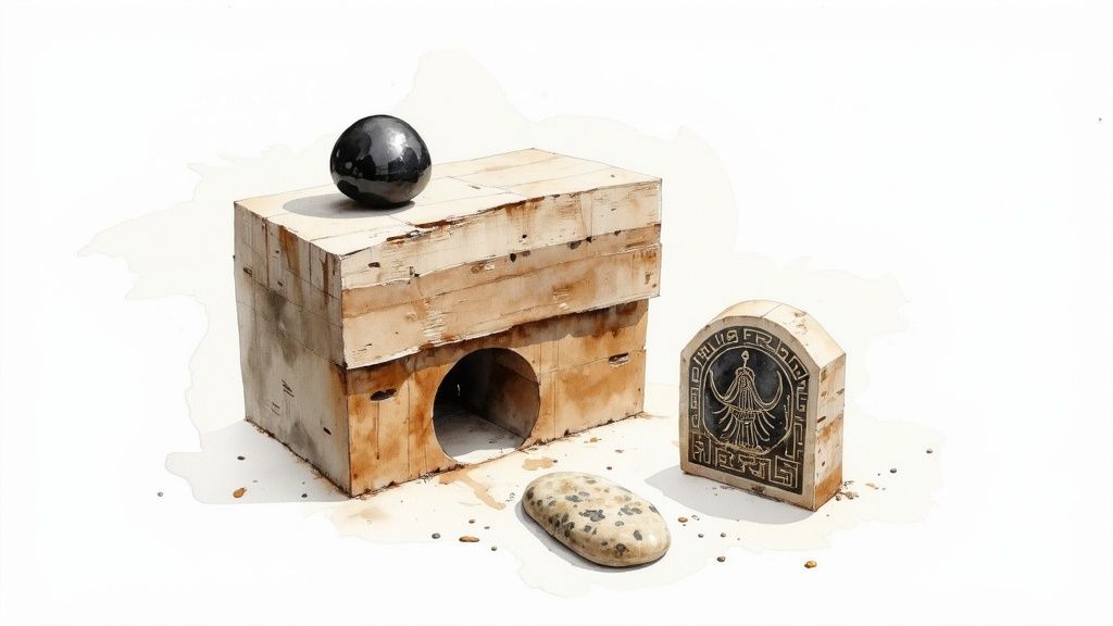 Watercolor illustration of a black sphere on a rustic wooden block, a speckled stone, and an ancient tablet.