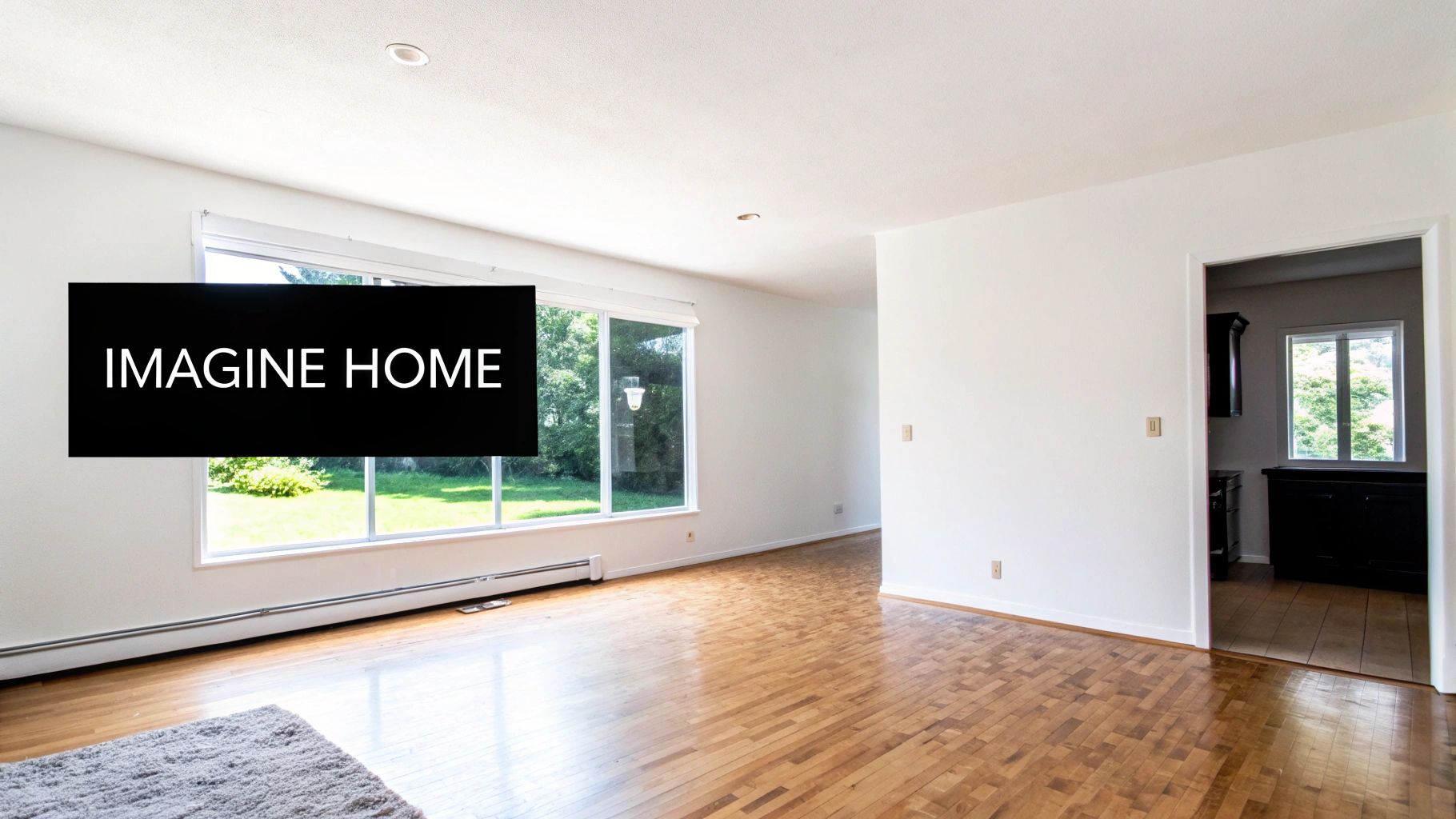 A beautifully virtually staged living room with modern furniture, contrasting with a plain, empty room.