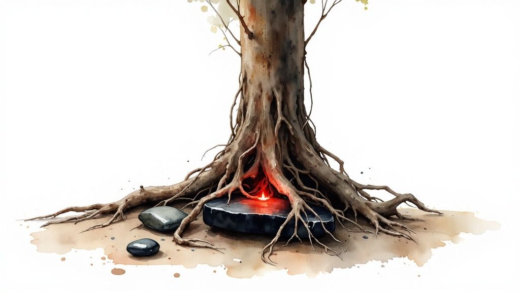 Watercolor painting of tree roots embracing a glowing ember on a black onyx stone, with smaller stones nearby.