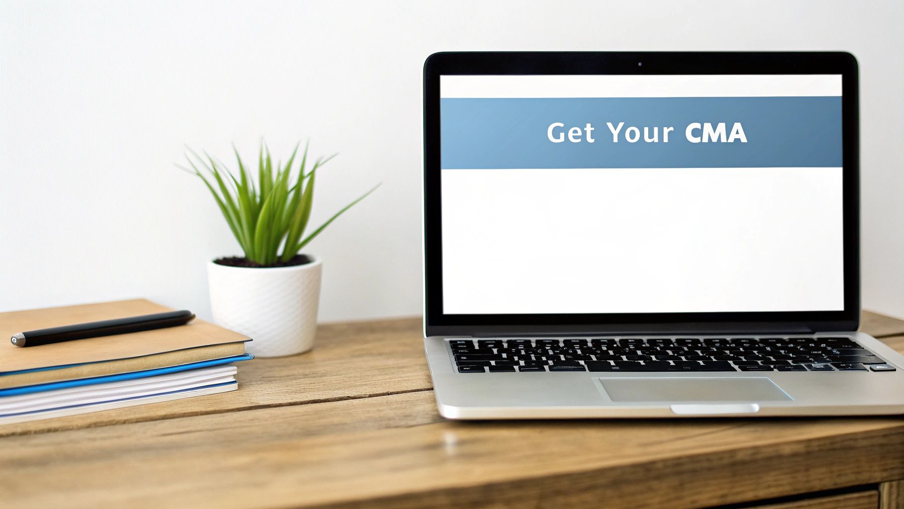 A laptop displaying a clean, modern real estate landing page focused on a CMA offer.