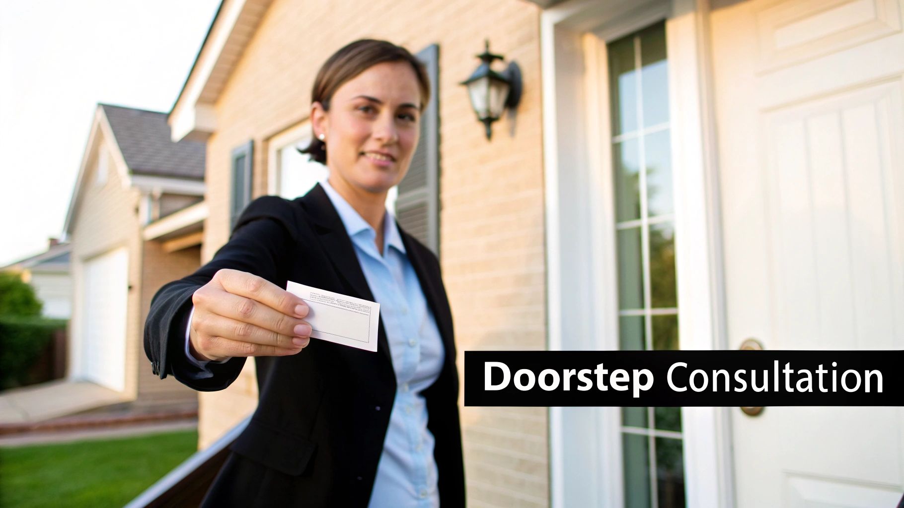 A professional woman offers a business card at a residential doorstep, ready for a consultation.