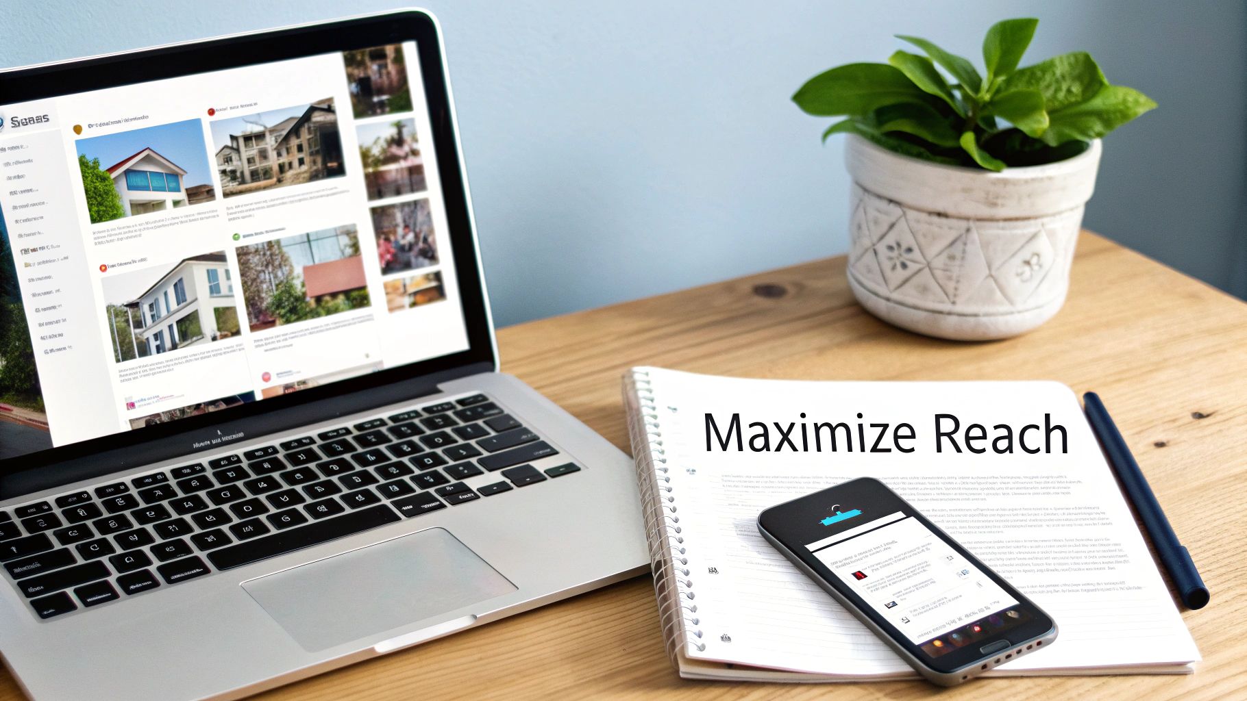 A laptop displaying real estate listings, a notebook with 'Maximize Reach', smartphone, and plant on a wooden desk.