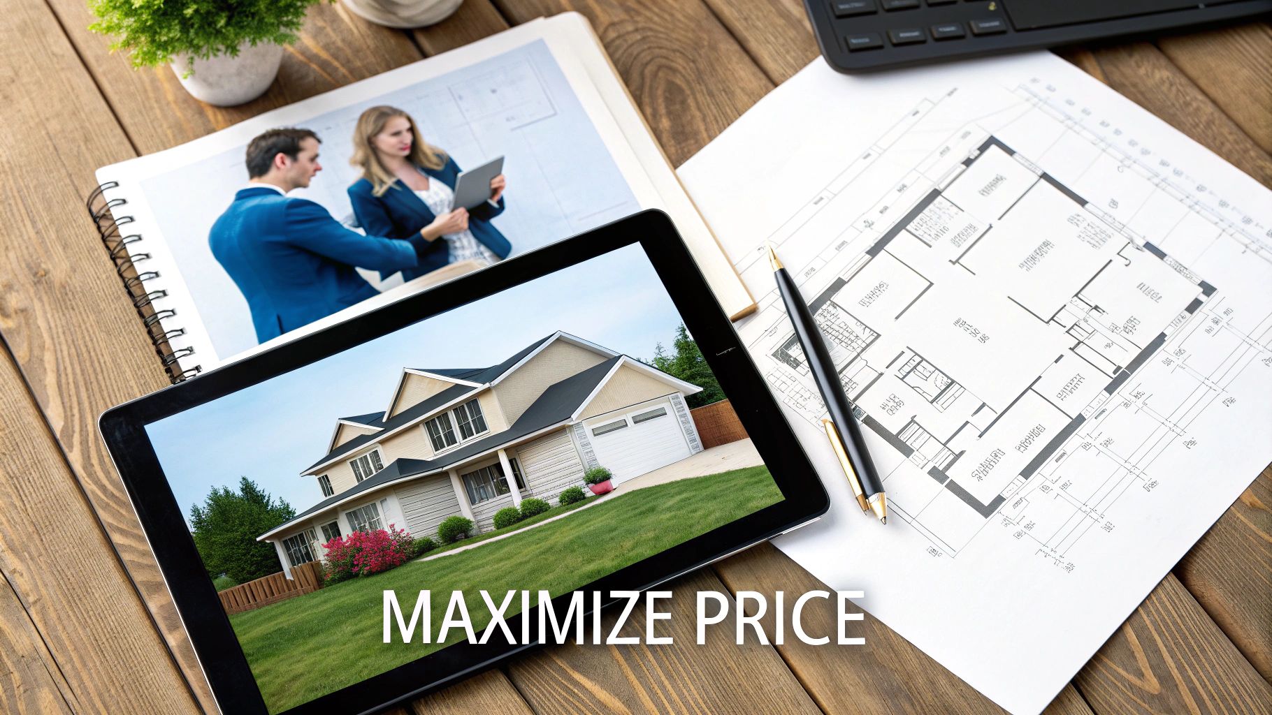 Overhead view of a real estate agent's desk with a tablet showing a house, floor plan, and notes.