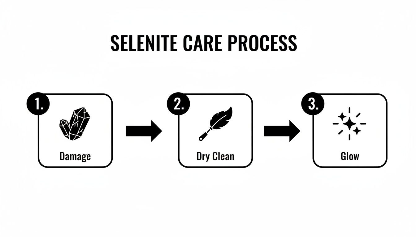 A visual guide illustrating the three-step selenite care process with icons for damage, dry clean, and glow.