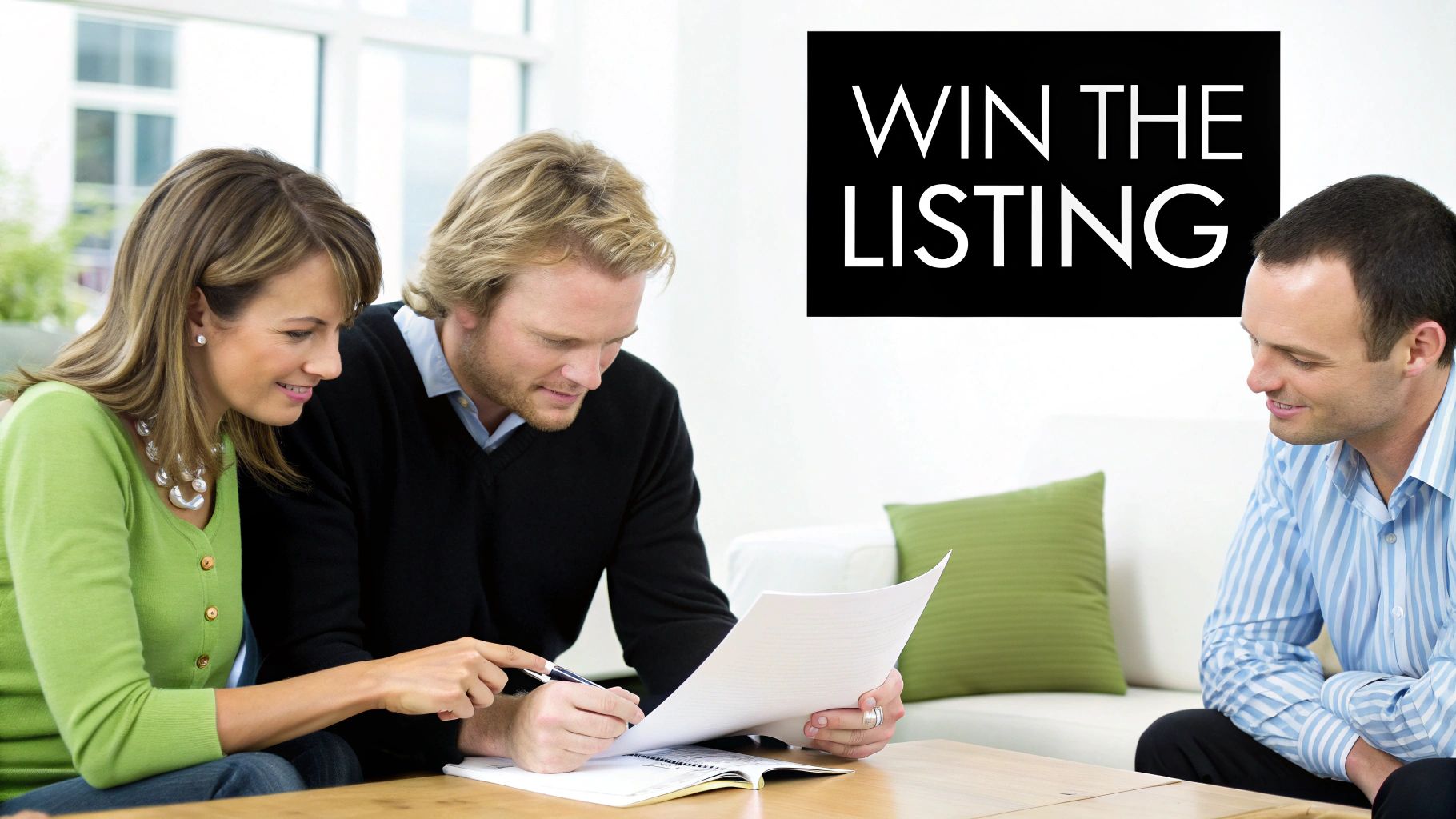 Three people, a couple and a real estate agent, reviewing documents for a listing.