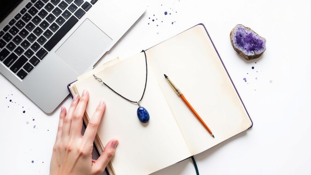 A hand rests on an open journal next to a laptop, blue crystal necklace, paintbrush, and amethyst geode.