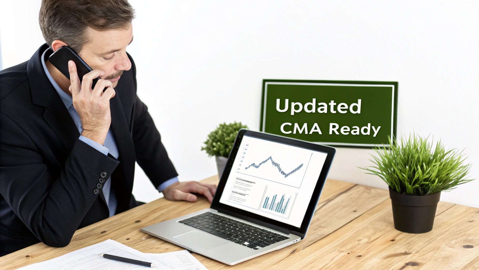 A businessman talks on the phone while looking at charts on his laptop with an "Updated CMA Ready" sign.