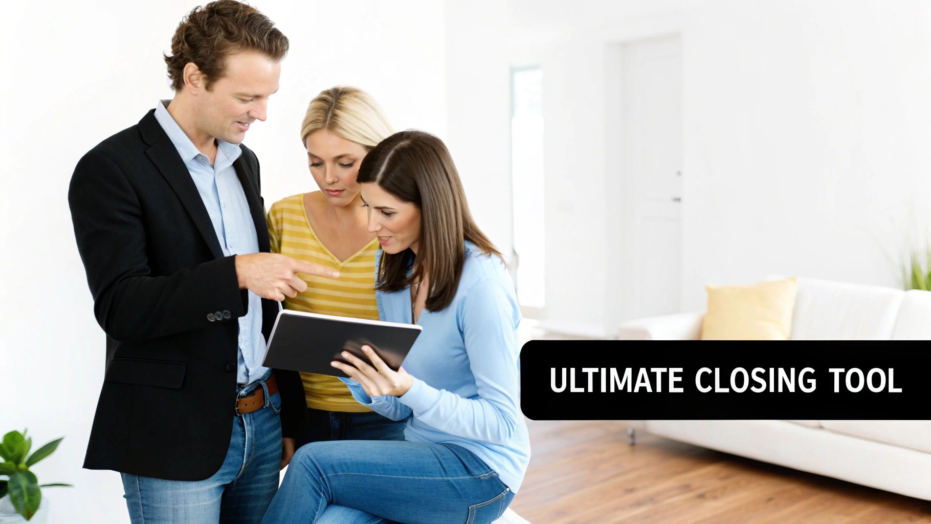 Three professionals, two women and one man, discuss content on a tablet for a business presentation.