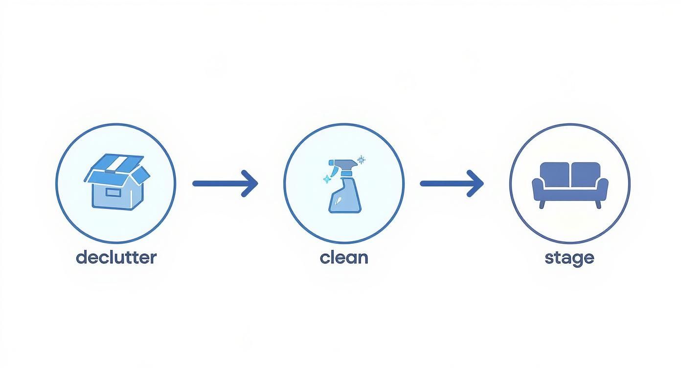 Infographic showing home preparation steps: decluttering with a box, cleaning with spray, and staging with a sofa.
