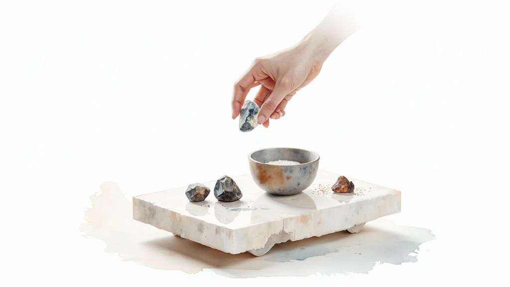 A hand places a blue-grey crystal into a ceramic bowl of white salt, surrounded by other crystals on a white slab.