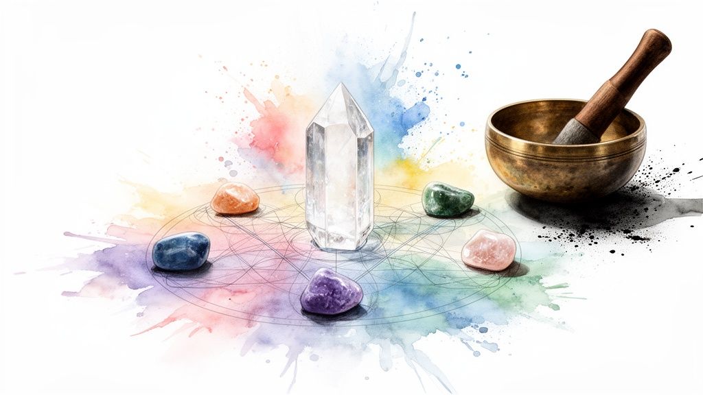 A vibrant watercolor image showing a crystal grid with a clear quartz point, various tumbled stones, and a brass singing bowl.