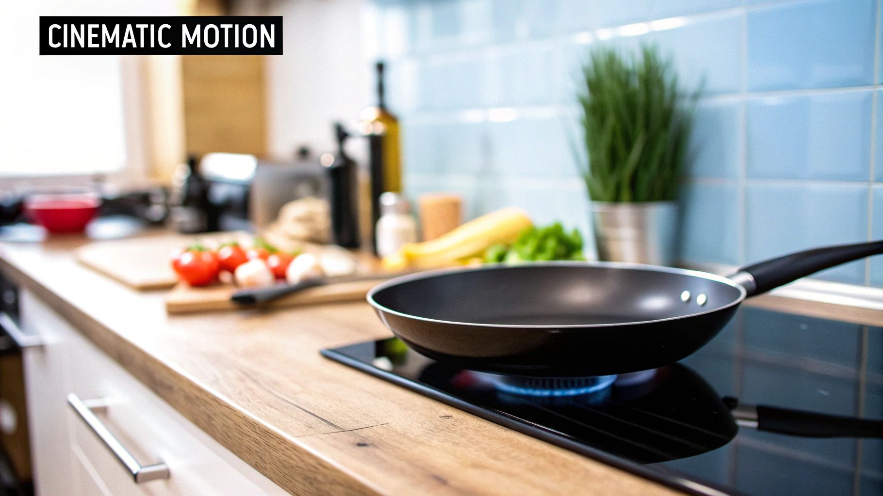 A warm kitchen scene with a black frying pan on a gas stove, surrounded by fresh ingredients.