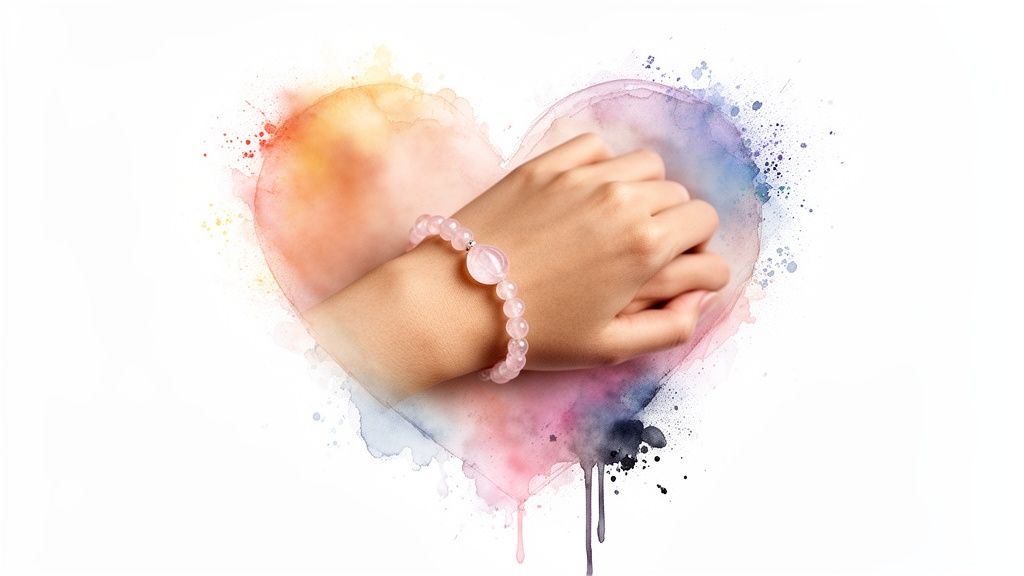 Close-up of a hand adorned with a delicate pink rose quartz bracelet, framed by a vibrant watercolor heart.