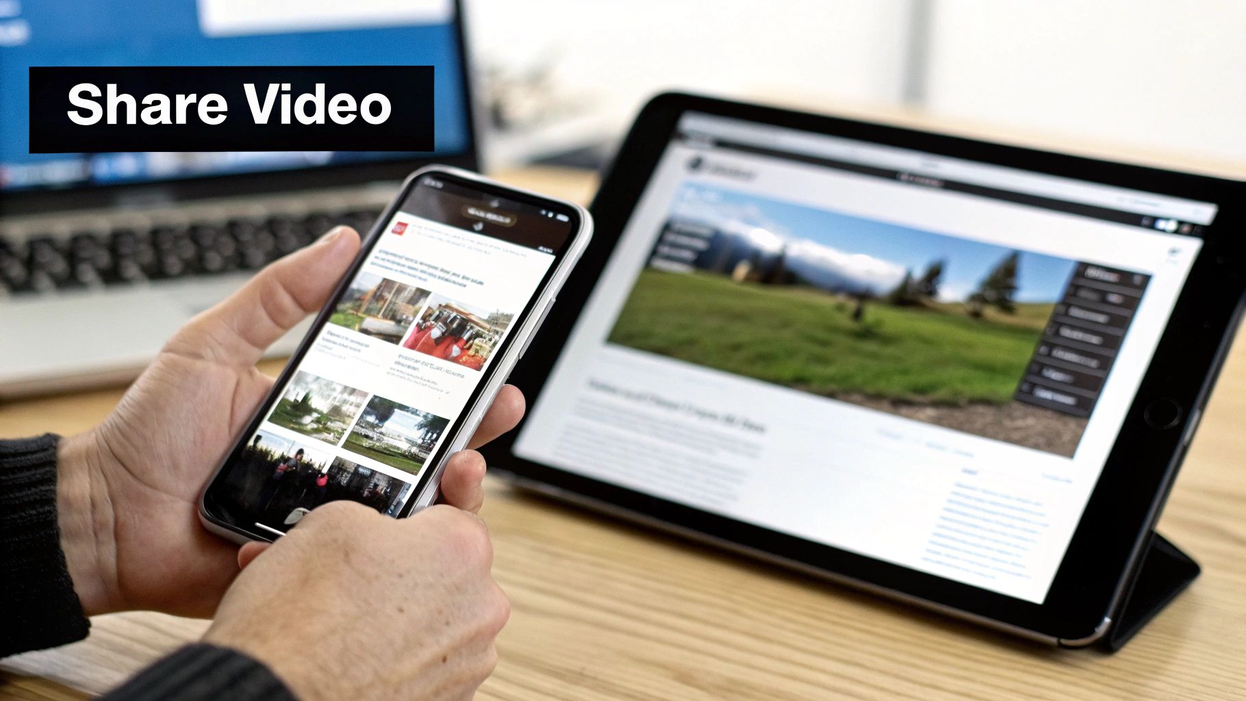 Hands holding a smartphone displaying images, with a tablet showing a landscape video on a wooden desk.