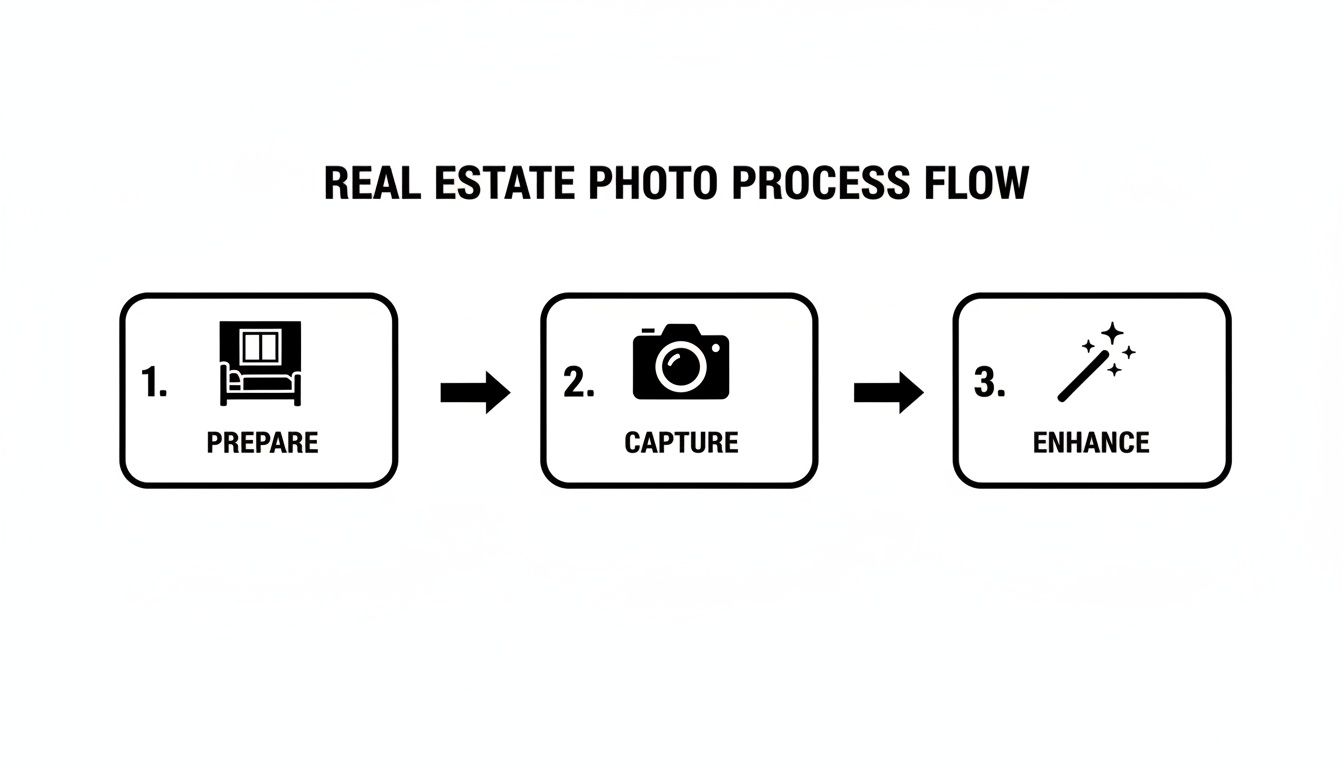 A real estate photo process flow chart showing three steps: prepare, capture, and enhance.