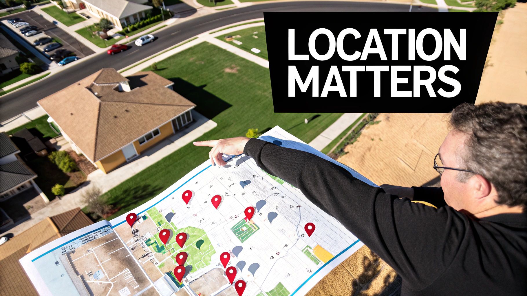 Real estate professional reviewing aerial neighborhood map with location pins emphasizing property location importance