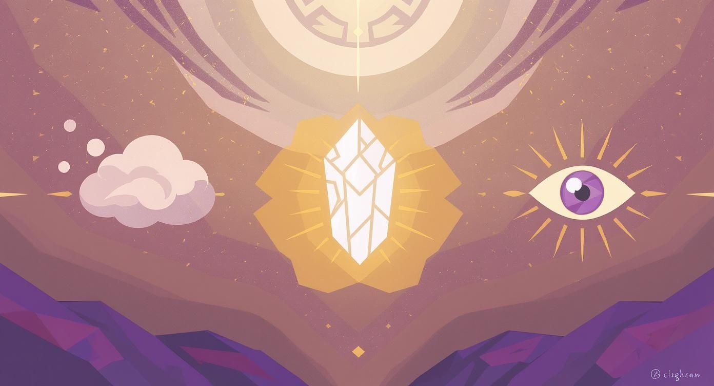 A vibrant, stylized illustration featuring a glowing crystal, a thought bubble, and a third eye in a mystical landscape.