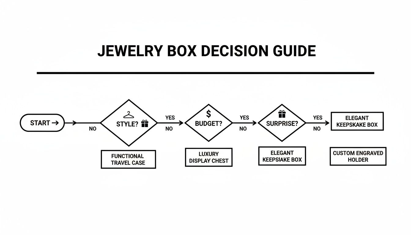 Flowchart illustrating a jewelry box decision guide based on style, budget, and surprise factors.