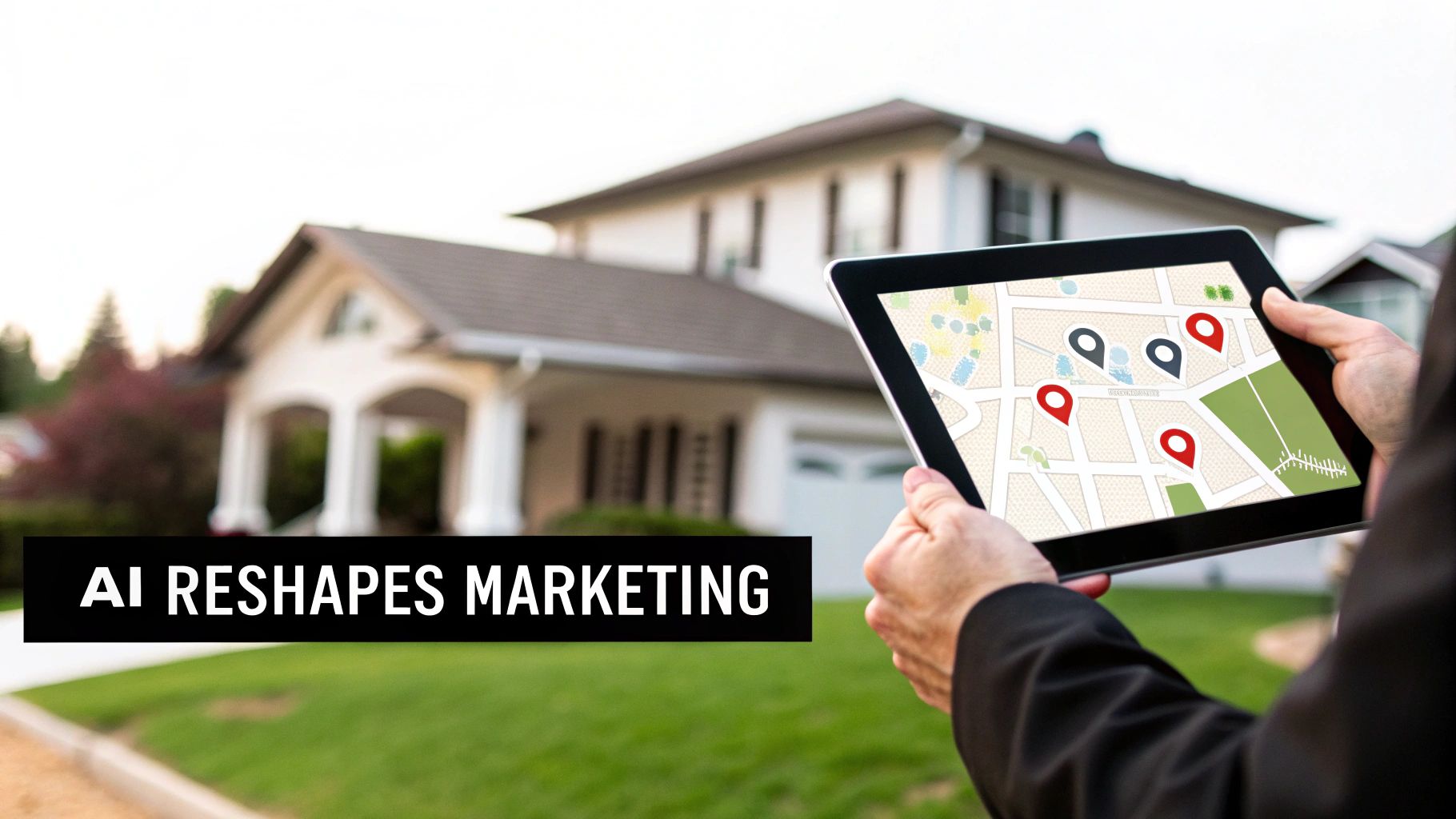 Person holds a tablet displaying a map with location pins, with a modern house in the background, showing AI in real estate marketing.