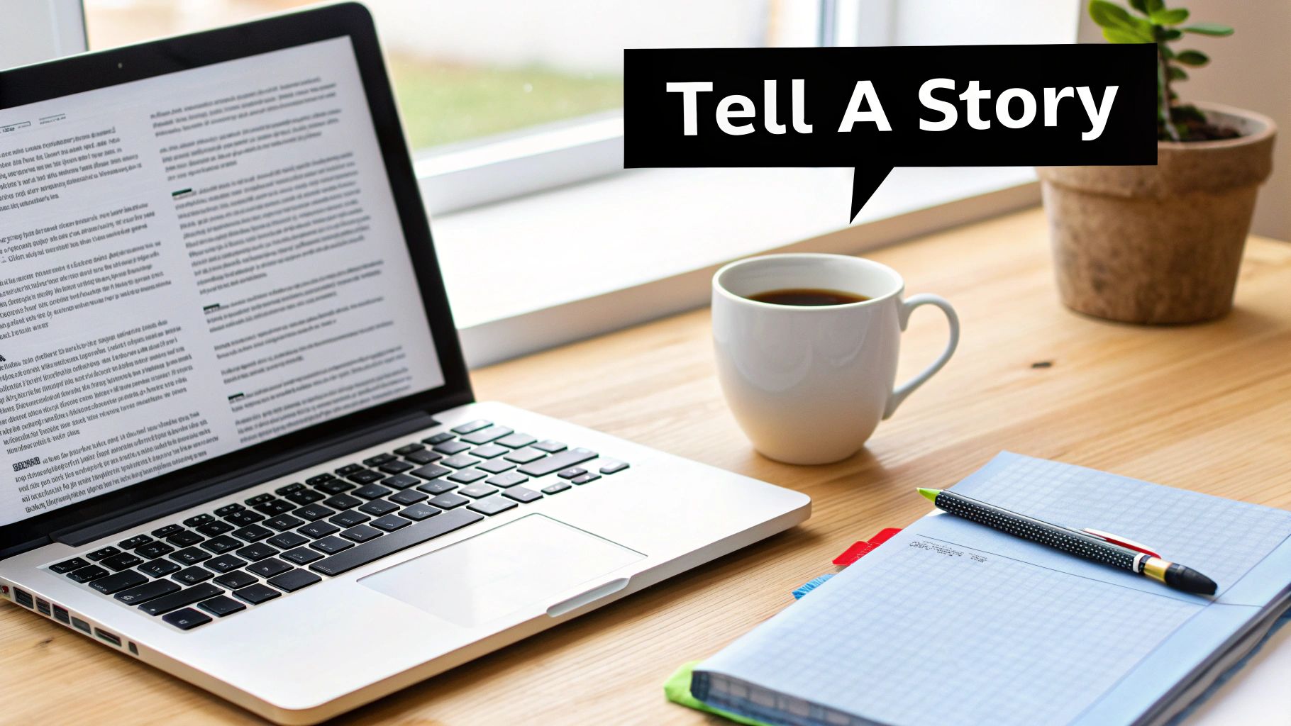 A creative workspace with a laptop, coffee, notebook, and a speech bubble reading 'Tell A Story'.