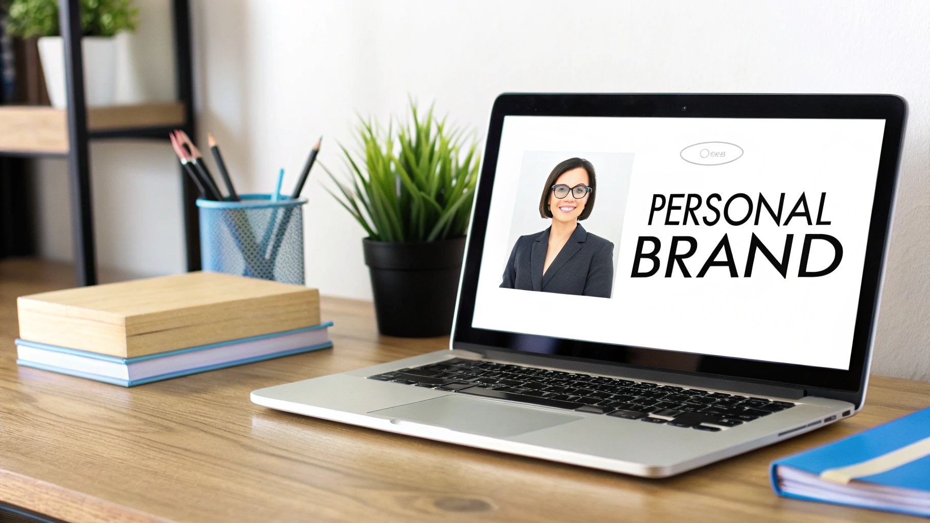 Laptop on a wooden desk displaying 'PERSONAL BRAND' with a smiling woman, surrounded by office supplies.