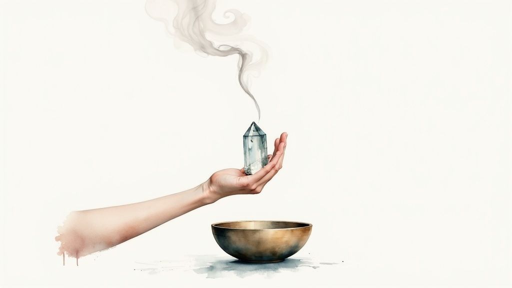 A hand holds a crystal with smoke, over a brass singing bowl on white background.