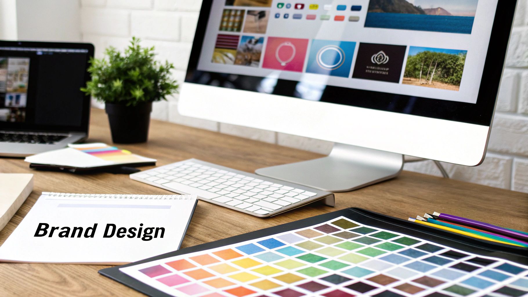 A creative workspace with a monitor displaying brand designs, a notebook, and color swatches.