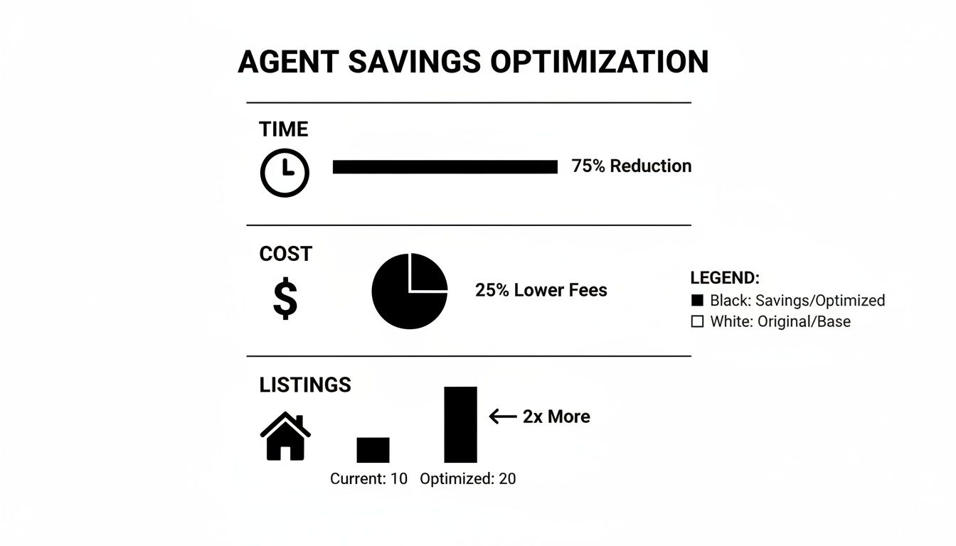 Agent savings optimization infographic showing 75% time reduction, 25% lower fees, and 2x more listings.