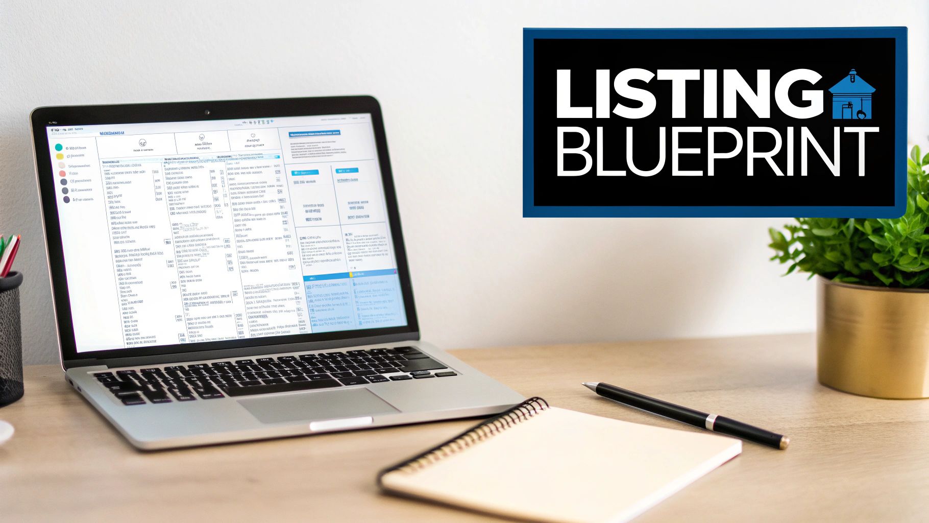 A professional workspace featuring a laptop displaying real estate listings, a notebook, and a 'Listing Blueprint' sign.