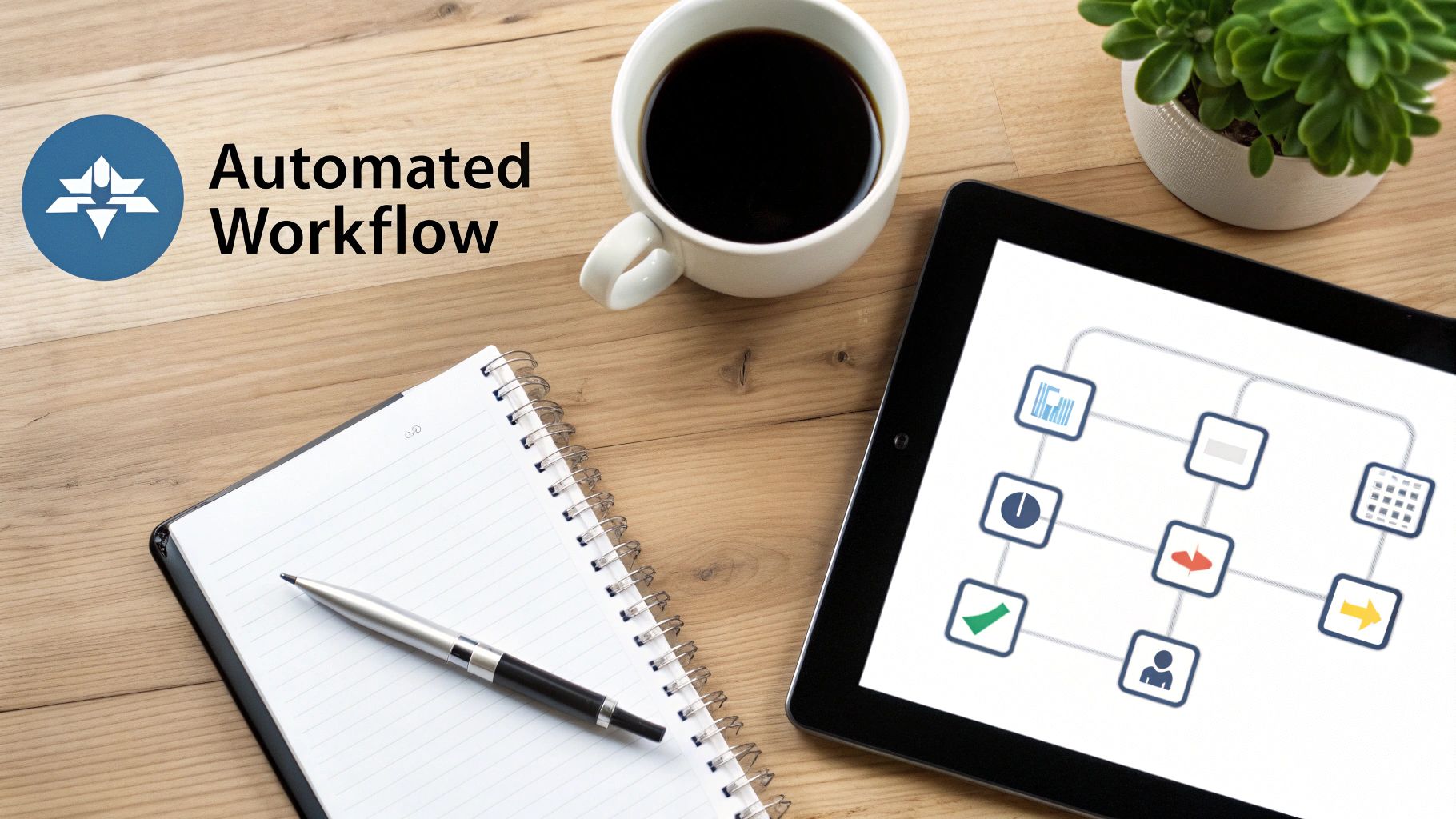 A flat lay desk setup with a tablet displaying an automated workflow diagram, coffee, notebook, and a logo.