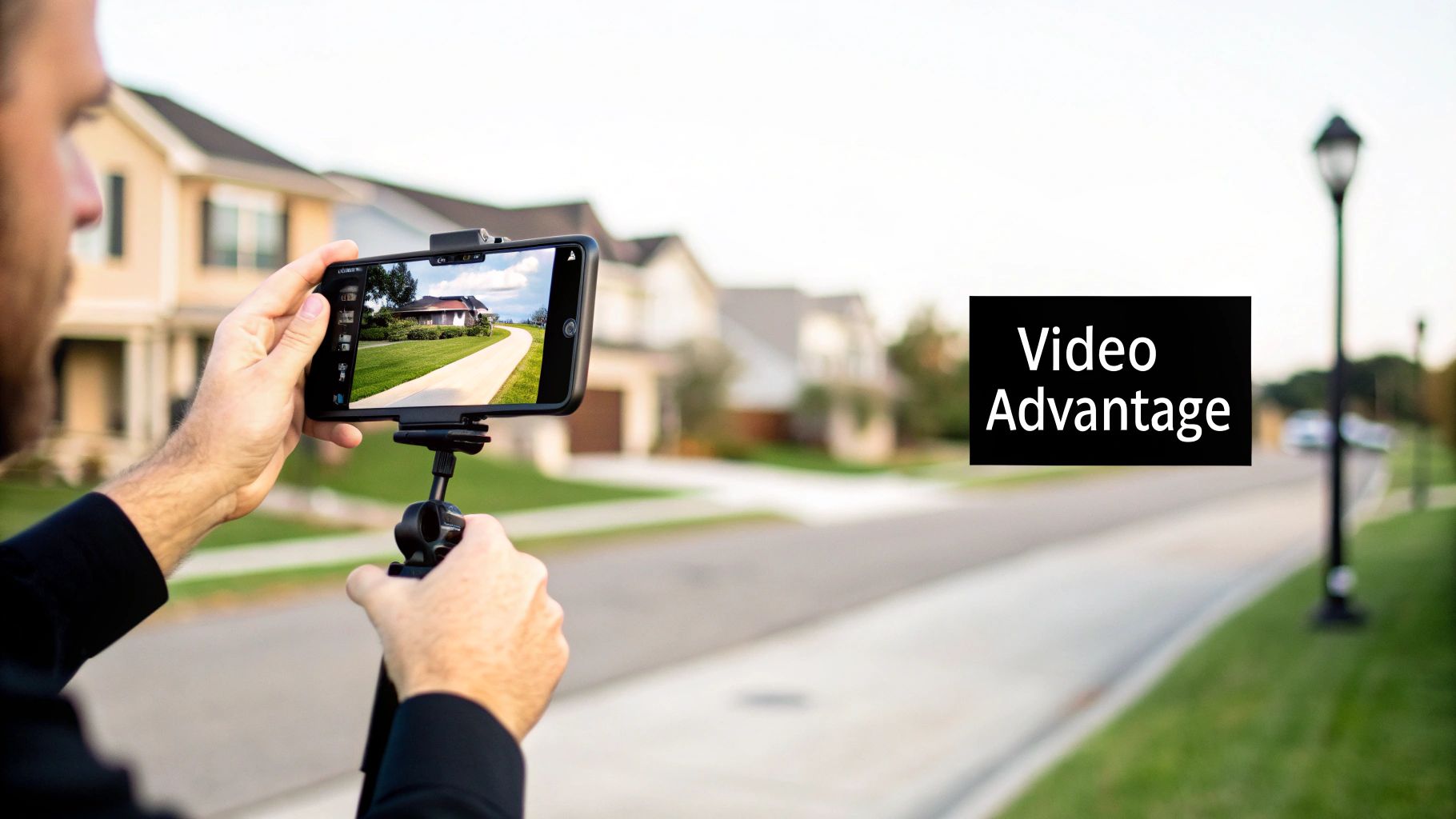 A person records a house on a suburban street using a smartphone on a tripod, with 'Video Advantage' text.