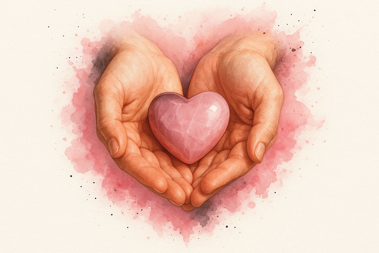 Two hands gently cup a polished pink heart-shaped crystal, surrounded by a soft watercolor effect.