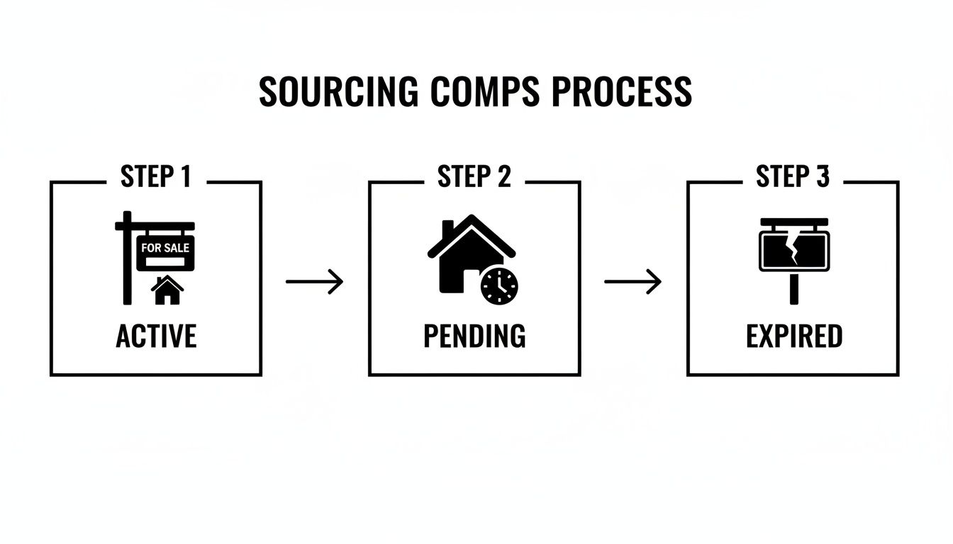 Process diagram illustrating sourcing comparable real estate listings, moving from active to pending to expired.