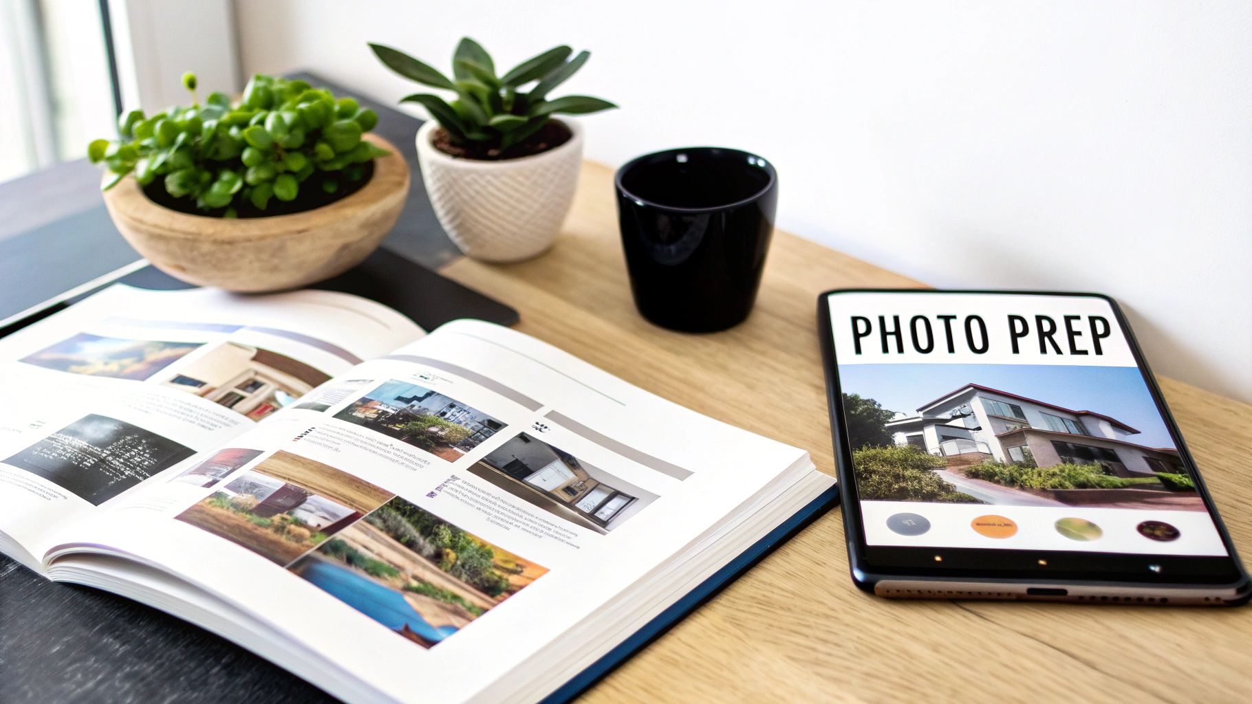 A wooden desk with an open magazine, two plants, a cup, and a smartphone showing 'PHOTO PREP' for real estate.