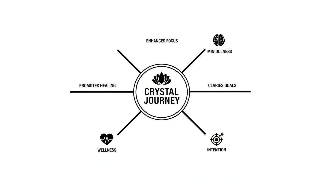 A mind map diagram titled 'Crystal Journey' showing benefits like healing, focus, mindfulness, and wellness.