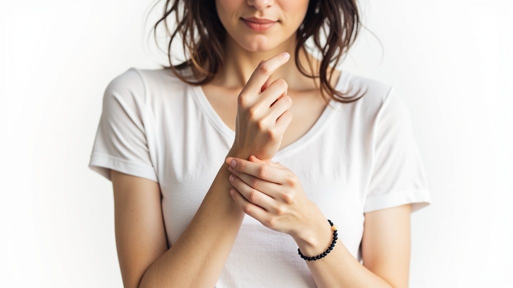 A person in a white t-shirt gently touching their wrist, wearing a black mala bracelet.