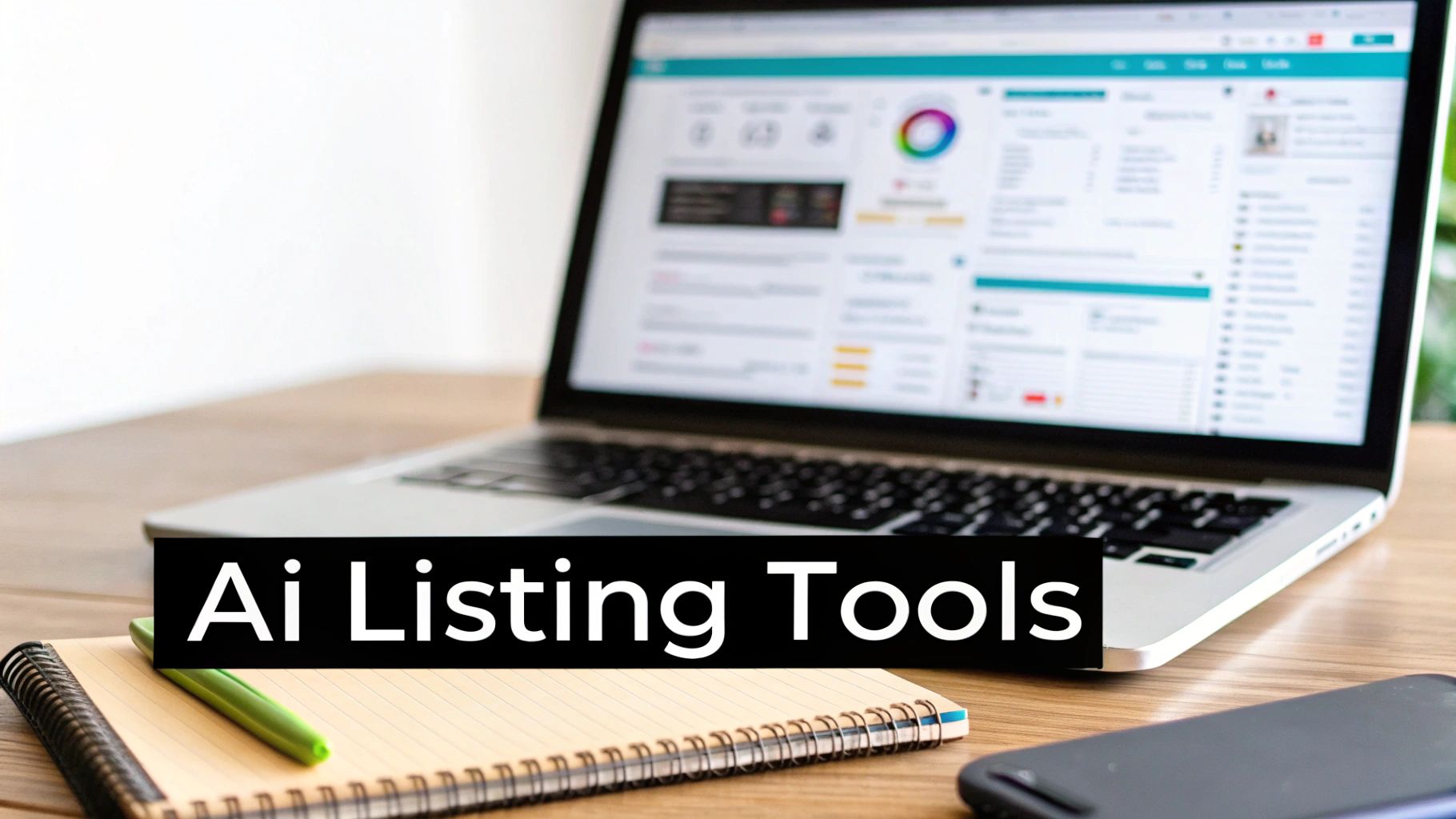 A laptop screen showing charts and data, with a notebook, pen, and smartphone on a wooden desk. Overlay text says 'AI Listing Tools'.