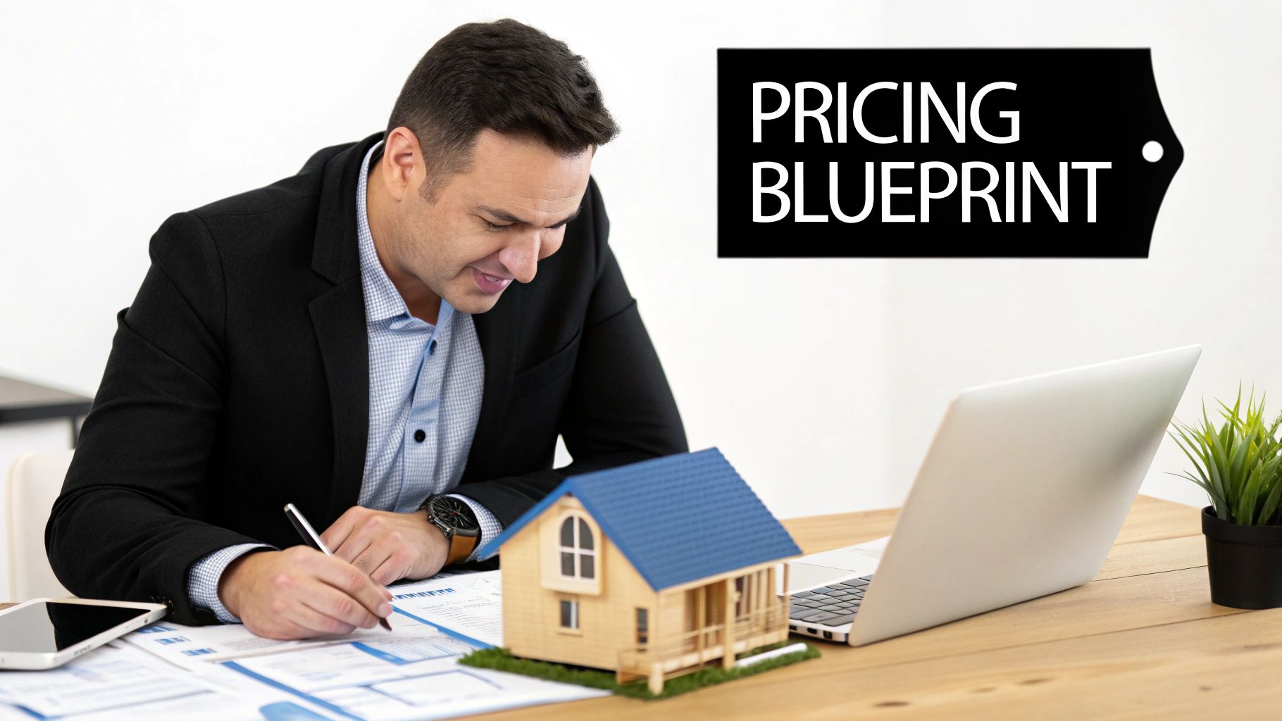 Man analyzing property prices with a miniature house model and 'Pricing Blueprint' tag.