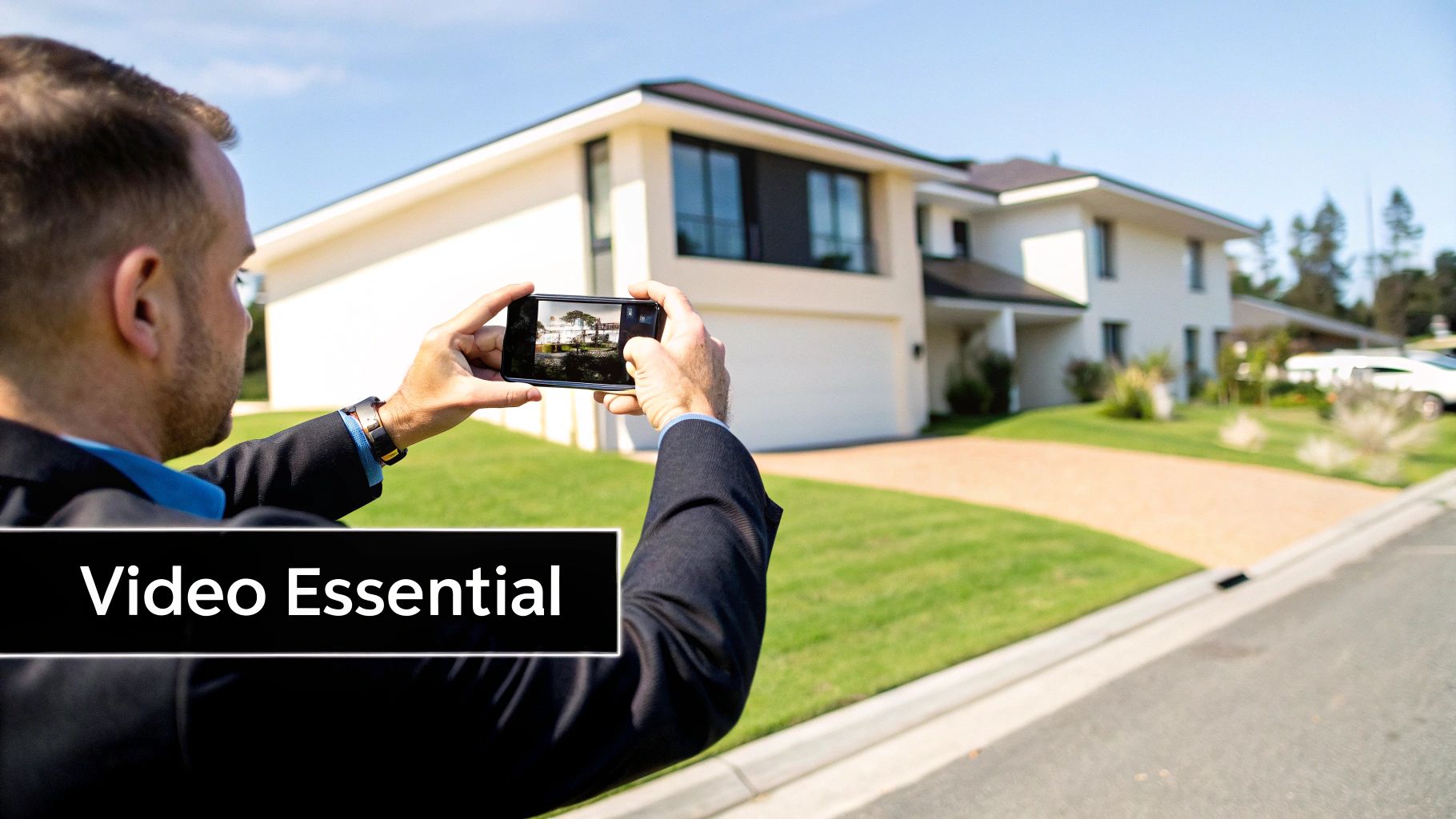 A professional man records a modern house with his smartphone for a real estate video.