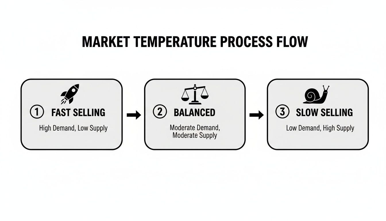 Flowchart illustrating market temperature process from fast selling to slow selling with demand and supply levels.