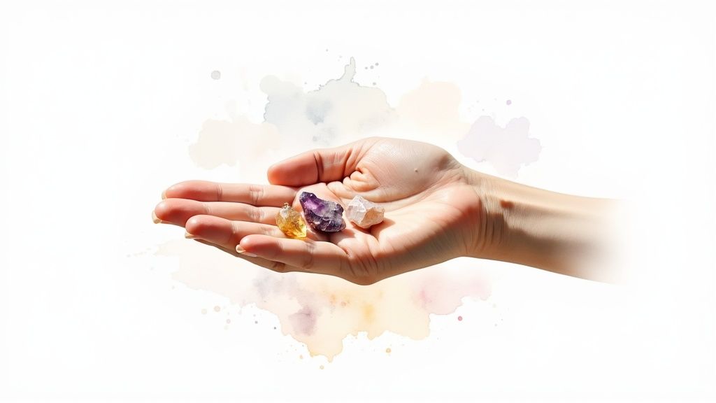 A collection of various healing crystals arranged on a wooden surface, showing different shapes, colors, and textures.