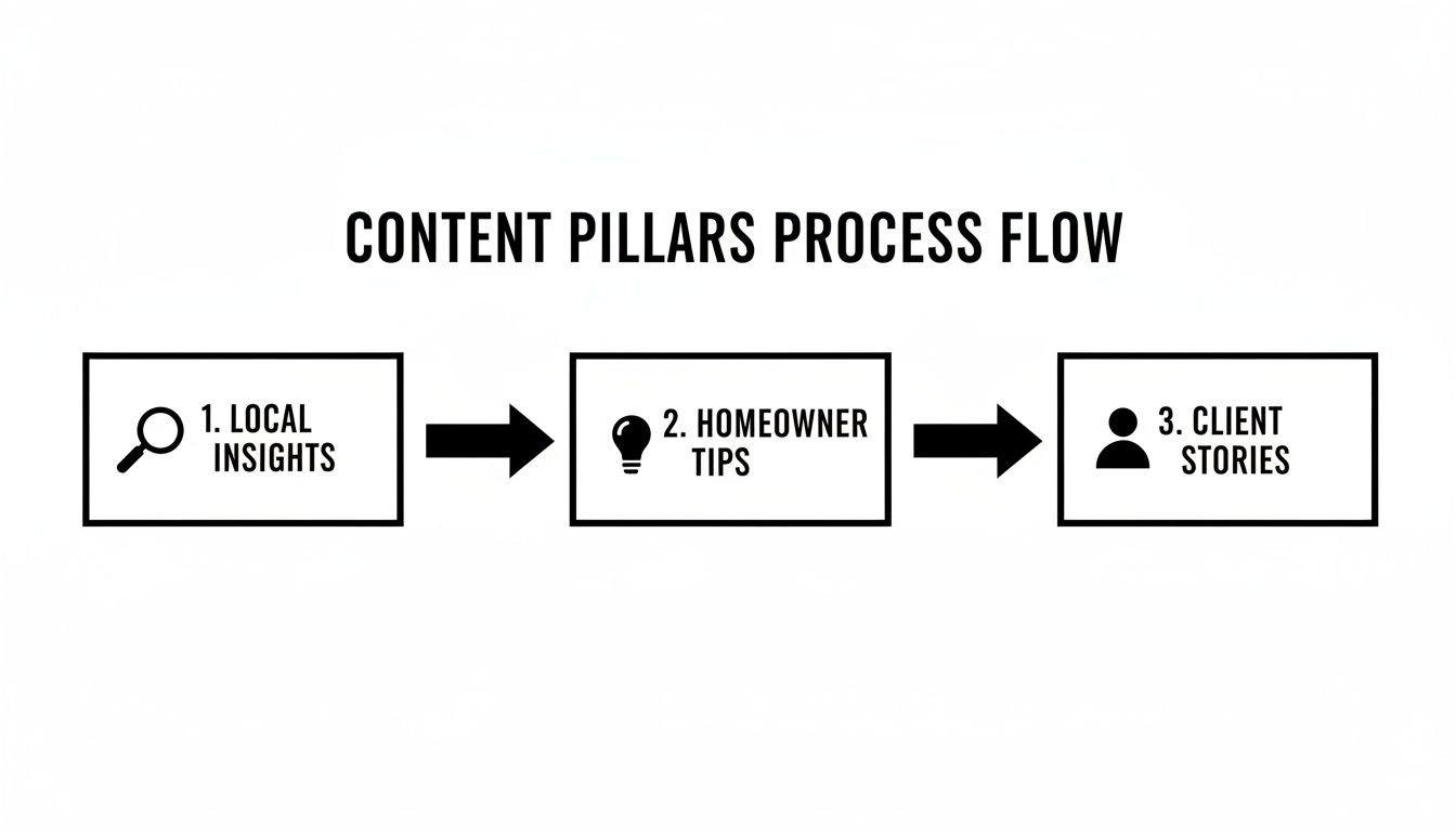 A content pillars process flow diagram illustrating local insights, homeowner tips, and client stories in sequence.